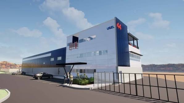 Rendering of a two-storey industrial and office building with white cladding and a blue signage tower